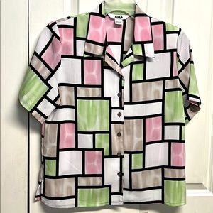 Alia Multiple Color Block Print Short Sleeve Collar Textured Top Size 8P